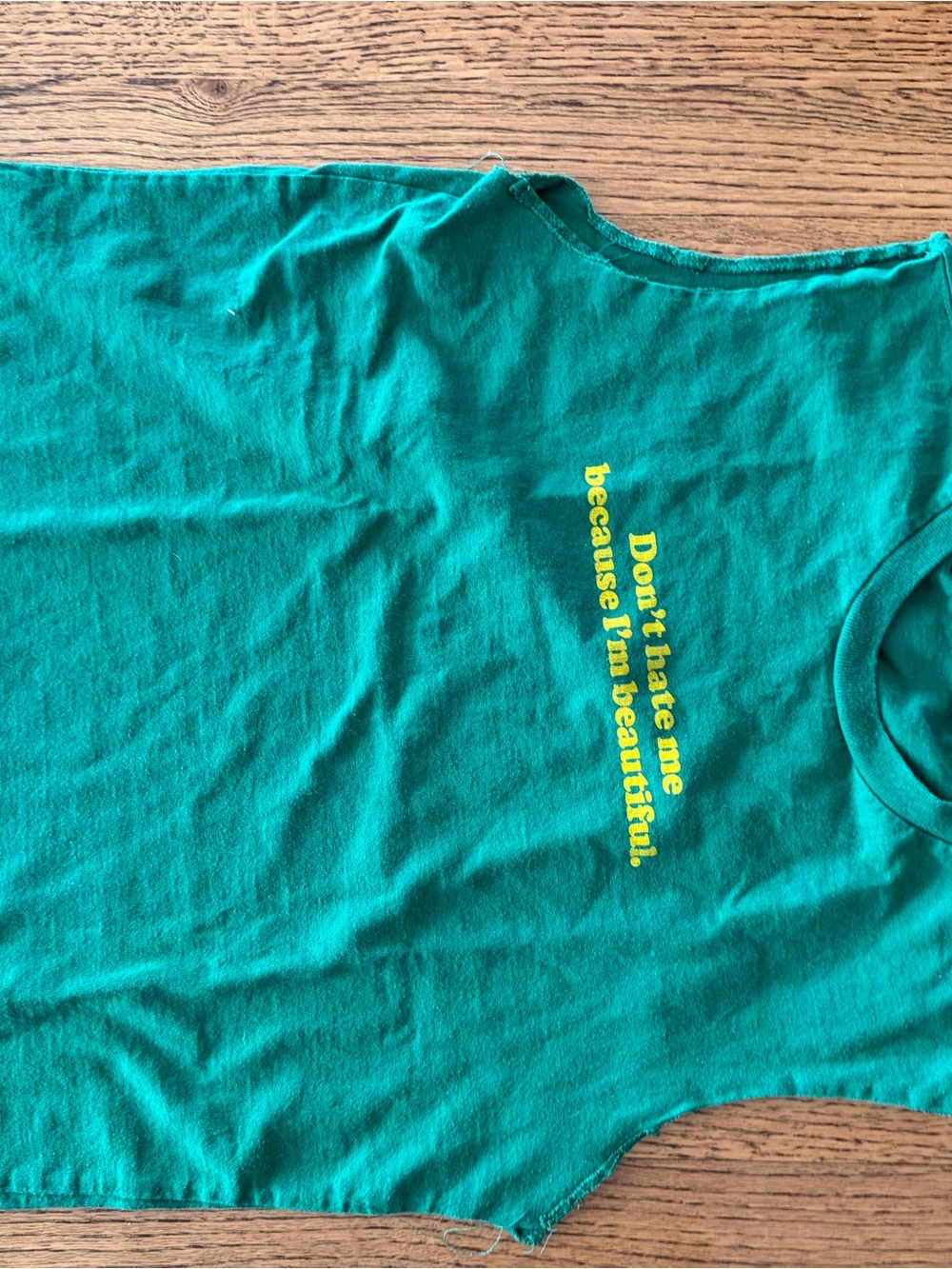 split Green Tank Top with Yellow Text Graphic